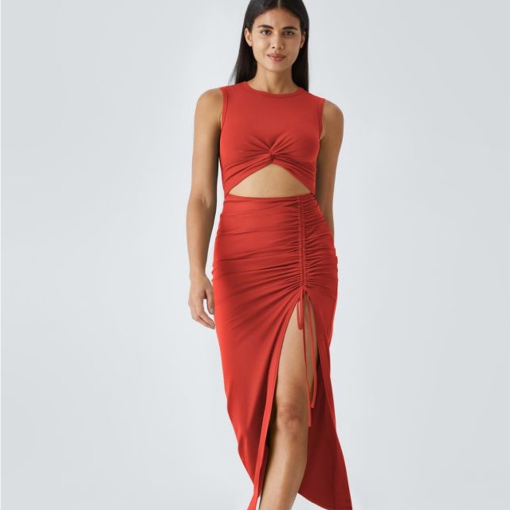 Halara Round Neck Cut Out Ruched Drawstring Hem Bodycon Maxi Casual Dress - Picture 2 of 10